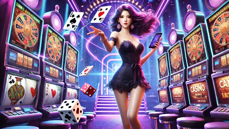 หน้าจอเกมสล็อตสีสันสดใสพร้อมรีลและสัญลักษณ์เกม